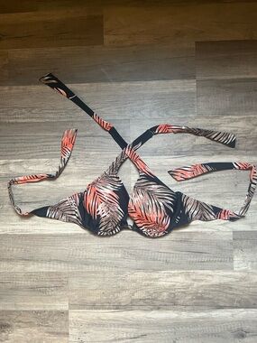 Tropical Palm Print Bikini Top - Black with Coral & Tan Leaves